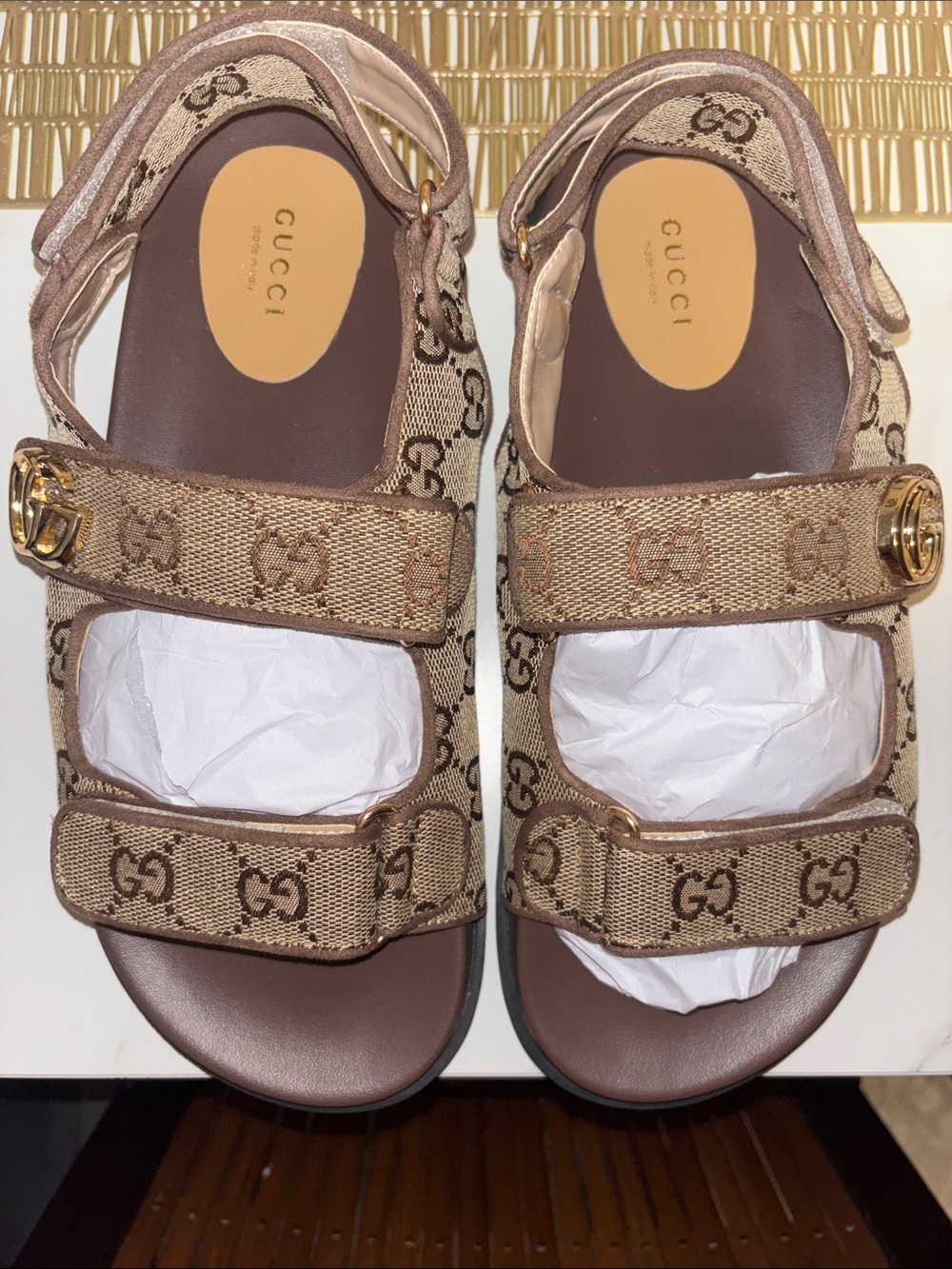 Gucci Beige Brown GG Canvas Logo Strap Sandals with Gold Hardware - Picture 3 of 6